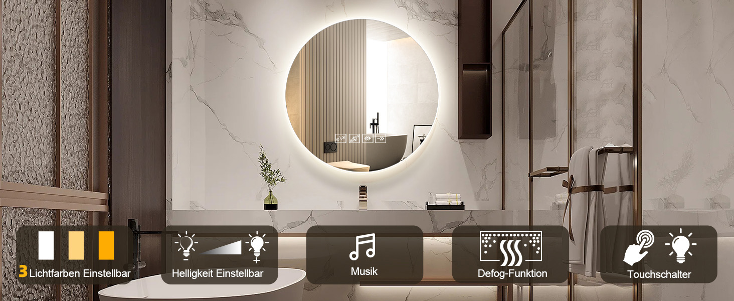 Дзеркало Bellanny LED з підсвічуванням 60 см | Настінне дзеркало для ванної кімнати, дзеркало для макіяжу | Дзеркало для макіяжу з сенсорним вимикачем, 3 кольори світла, регулювання яскравості, проти запотівання, IP44, горизонтальне/вертикальне (Bluetooth)