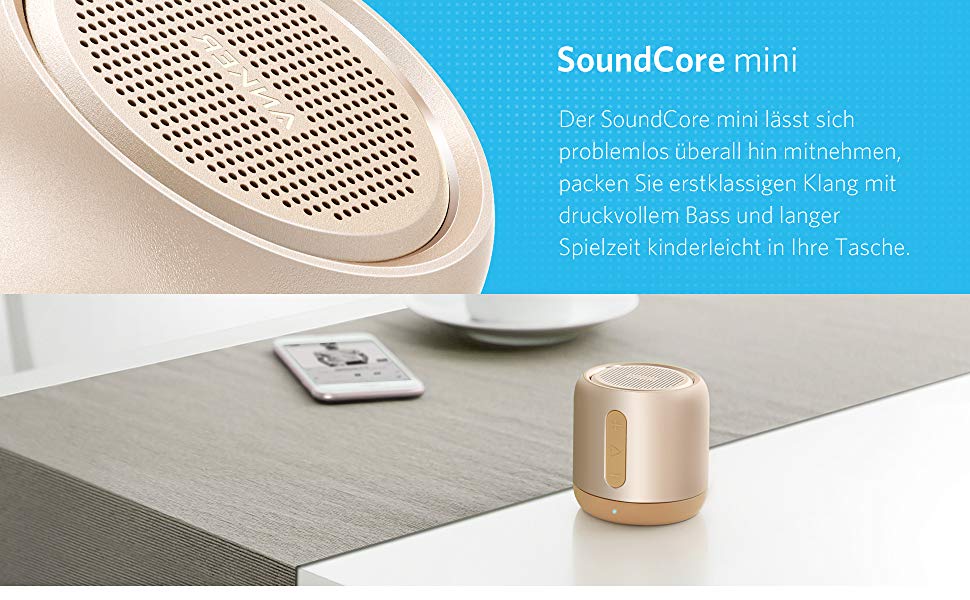 Портативна Bluetooth колонка Anker Soundcore Mini з FM радіо, 15 годин роботи та потужним басом (золота)