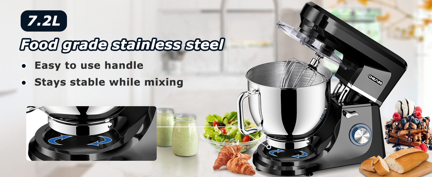 Кухонна машина Cheflee 2000W: потужна планетарна міксер для тіста та збивання, 6 швидкостей, 7.2 л чаша з нержавіючої сталі, гак та вінчик, захист від бризок, чорний