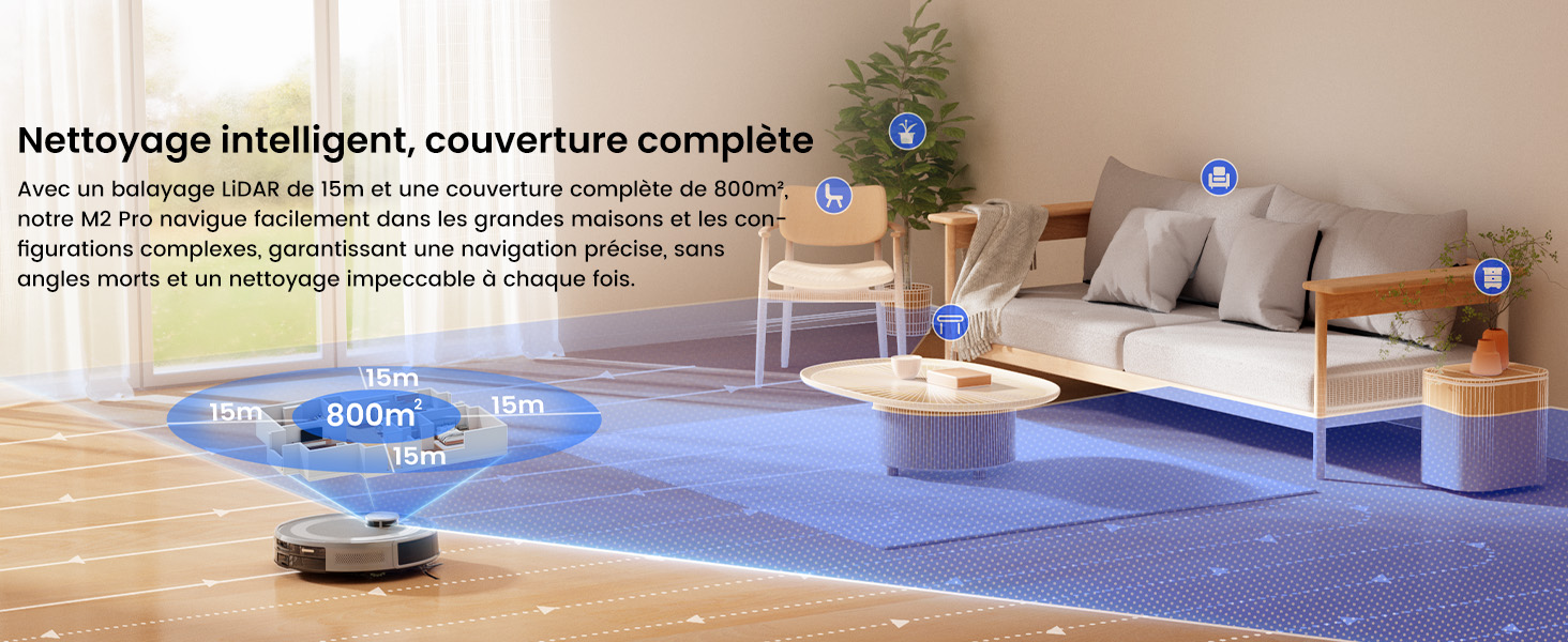 Робот-пилосос LEFANT M2 Plus з картографією, лазерною навігацією, 6000Pa, персоналізованим прибиранням, WiFi/App/Alexa, чорний (M2 Pro Grey)