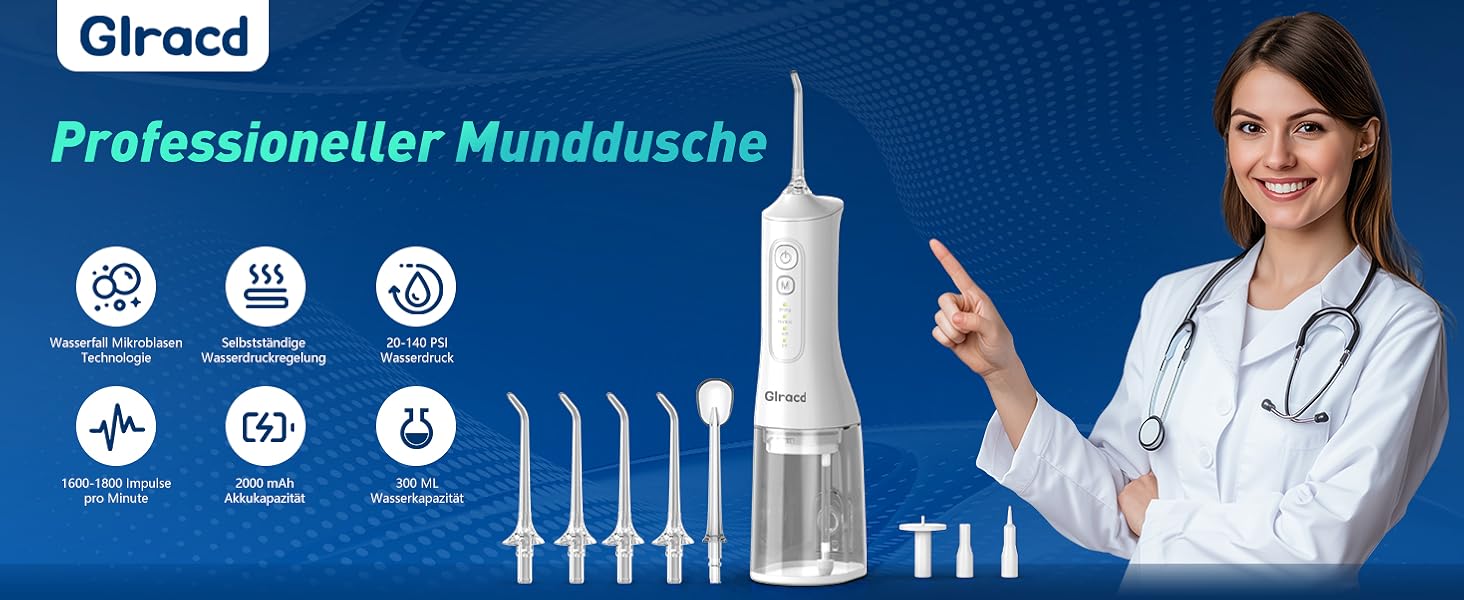 Іригатор для порожнини рота Munddusche, професійний, з технологією мікробульбашок, регулювання тиску води, для чищення зубів та брекетів, білий