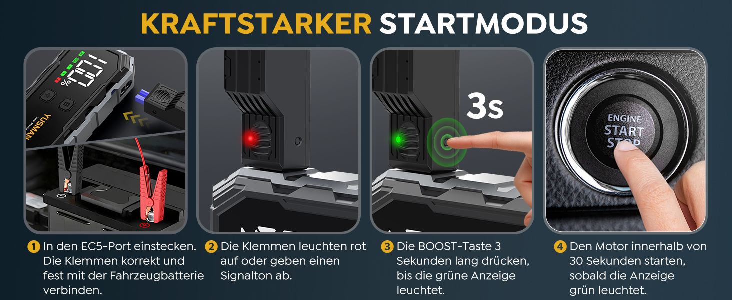 Портативний зарядний пристрій (Powerbank) Starthilfe для автомобілів | 8000A, бустер для акумулятора, LED-ліхтарик, дисплей, кабелі – для SUV, мотоциклів, газонокосарок Black