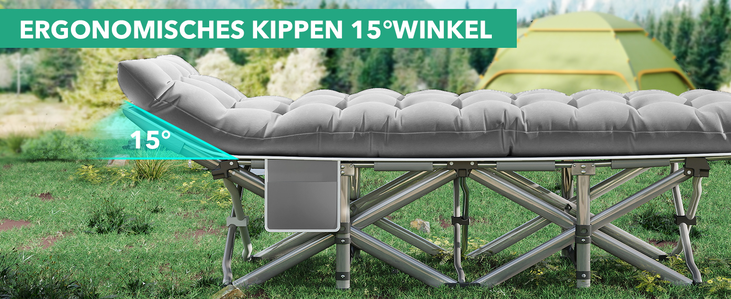 Розкладне ліжко для кемпінгу з матрацом та сумкою-переноскою, посилене (до 208 кг), XL 190x71x35 см, сіре