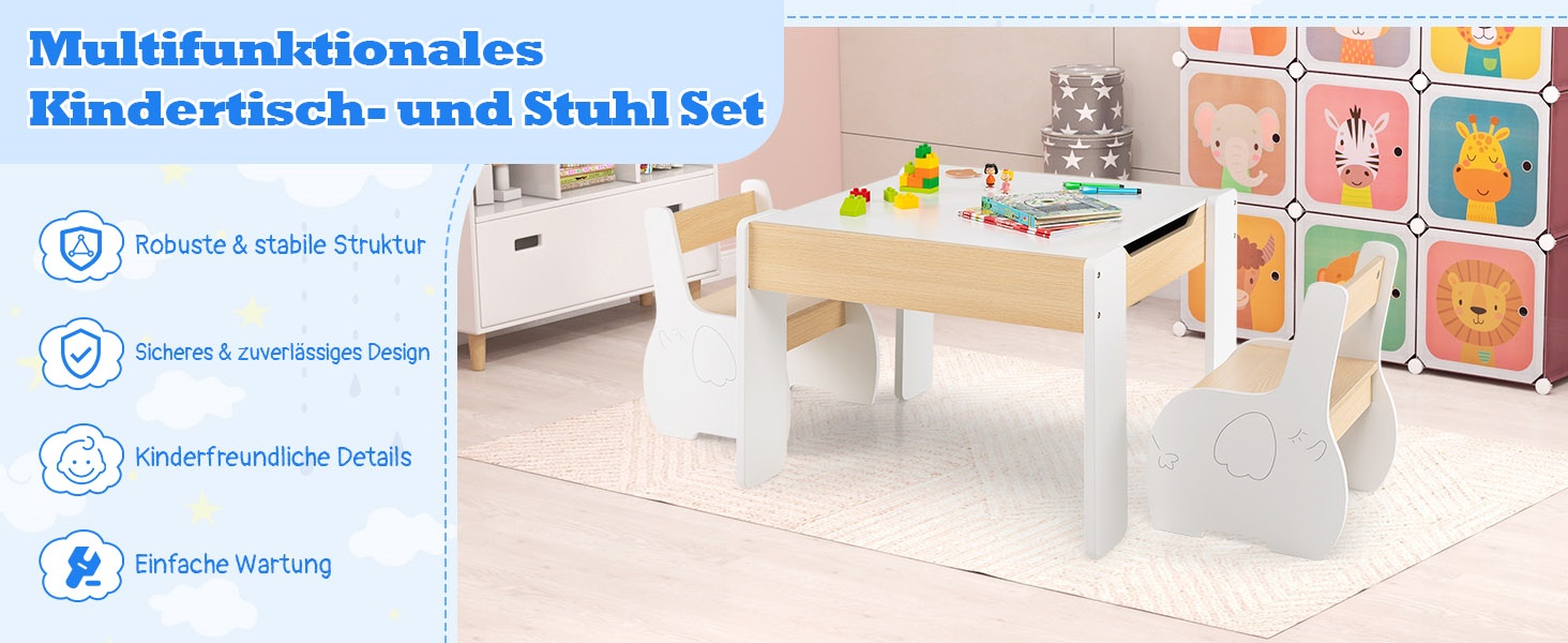 Дерев'яний дитячий стіл з 2 стільцями DREAMADE, 3 шт. Дитяча меблева група з двостороннім столом та місцем для зберігання, набір меблів для дітей, для хлопчиків та дівчаток (білий)