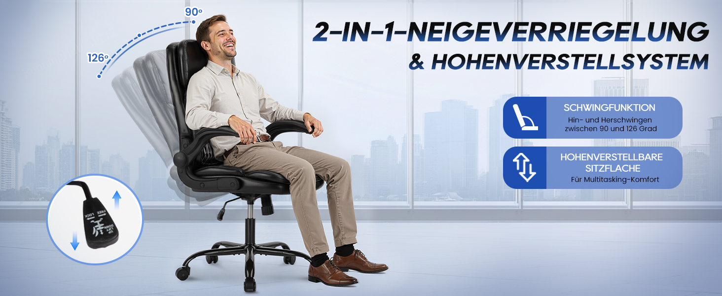 Офісний крісло Colamy: ергономічний, з високою спинкою, регульовані підлокітники, шкіряне покриття, чорний