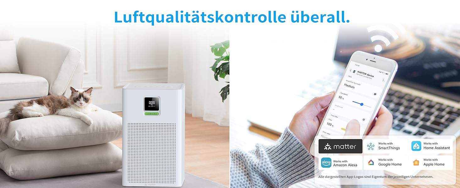 Повітряочисник з HEPA фільтром H13, сумісний з Matter, Apple Home, Alexa, Google Home, Home Assistant, ароматерапія, еко-режим, 62 м²