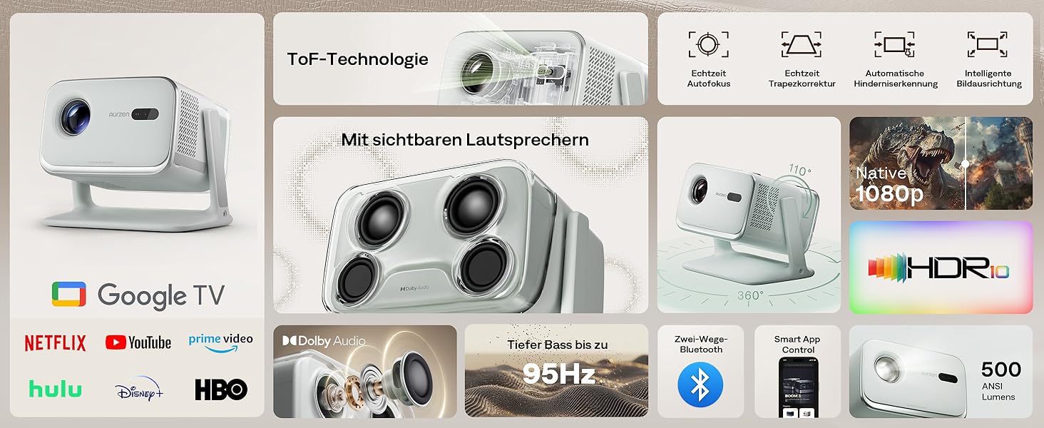 Aurzen Boom Mini 4-в-1 Smart Beamer: проєктор 4K з Google TV, аудіо Dolby 20W, Wi-Fi, Bluetooth, автофокус, корекція трапеції (зелений)