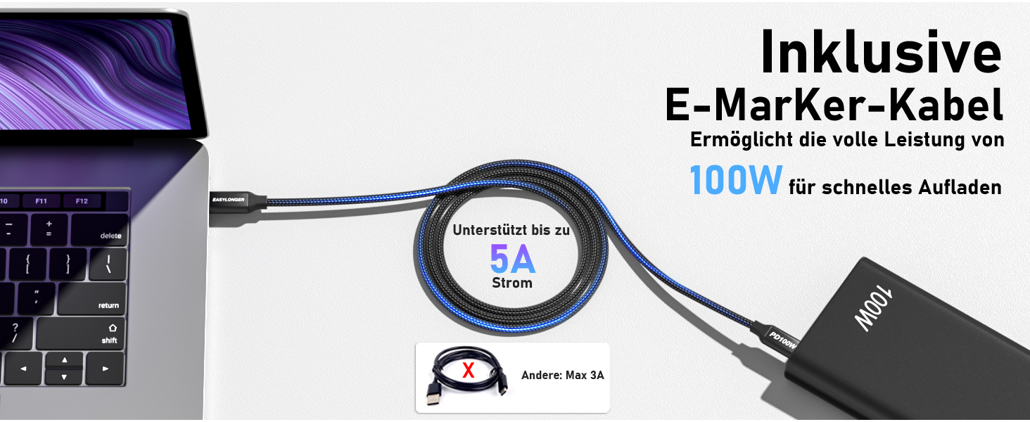 Для ноутбука EASYLONG, акумуляторна батарея 26800 мАг/99,16 Втгод PD 100 Вт, повербанк для швидкої зарядки з кабелем E-Marker, USB C Power Bank для MacBook, мобільного телефону, iPad, Lenovo, HP, Dell Black