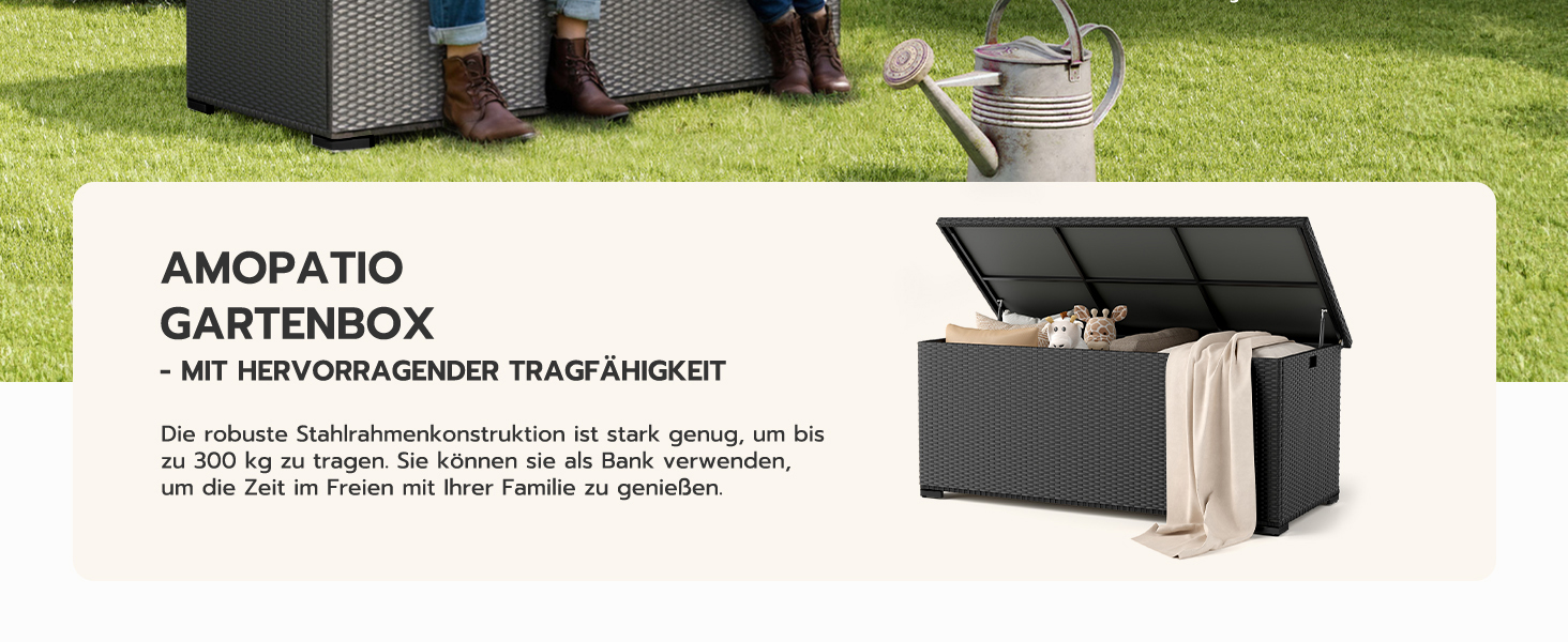 Скриня для подушок садових Polyrattan Amopatio 650л, водонепроникна, з газліфтом, чорна. Ящик для зберігання речей на вулиці для саду, балкону