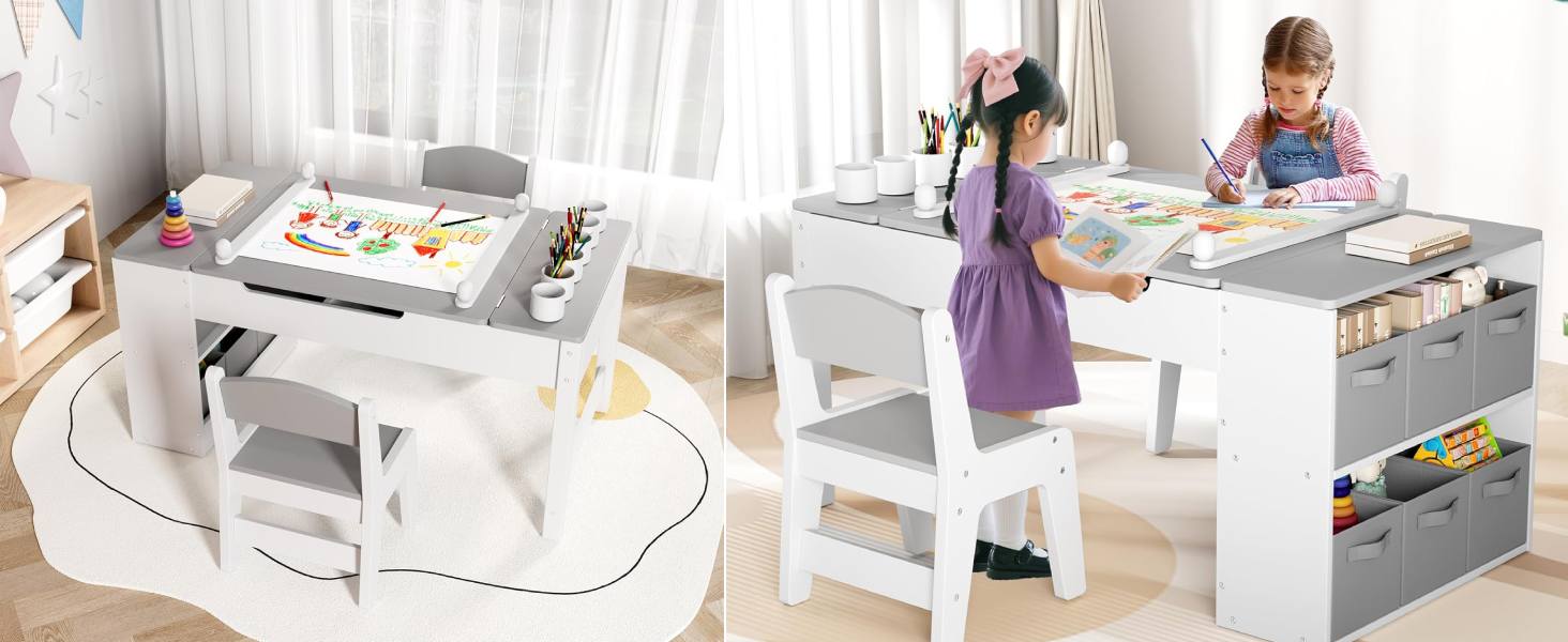 Дитячий стіл зі стільцями, дерев'яний набір, дитяча група сидінь з місцем для зберігання, стіл для малювання з рулоном паперу, стіл для малювання та рукоділля для дітей від 3 років (Сірий)