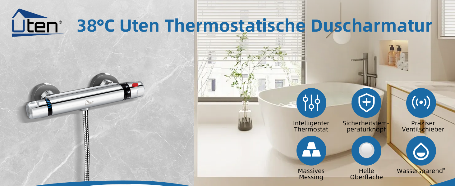 Змішувач для ванни з термостатом Uten, ванний термостат з 38°C захистом, 2 виходи для води, латунь (срібло)