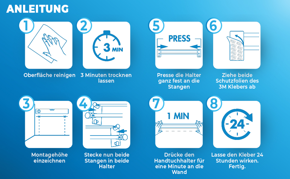 Тримач для рушників без свердління, чорний, 80 см, нержавіюча сталь, подвійний, самоклеючий, з 2 гачками, для ванної кімнати, душової кабіни, кухні