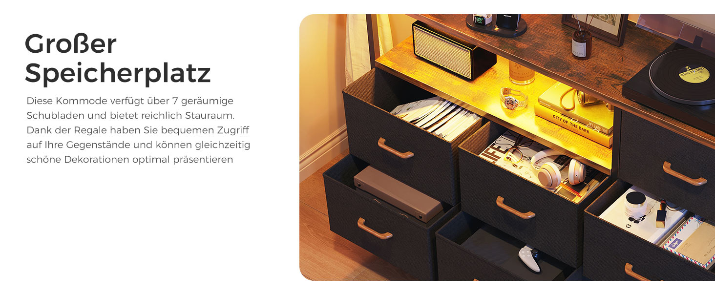 Комод Coleshome з висувними ящиками, LED-підсвічуванням, 2 USB-портами та розетками, 7 тканинних ящики, 132*30*89 см (Ретро колір)