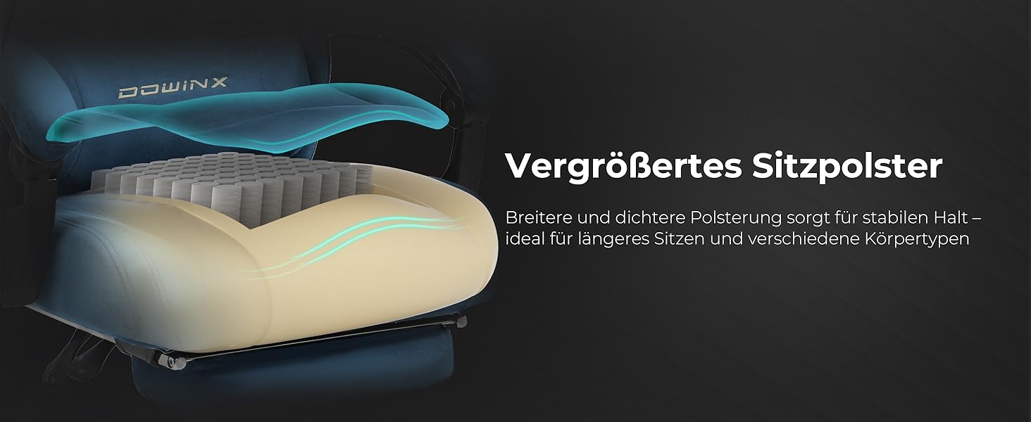 Ігровий крісло Dowinx з масажем попереку, регульованою підголівником, потовщеним сидінням, висувною підніжкою, регульованими підлокітниками, мікрофіброю велюром, нахилом 160°, блакитний колір