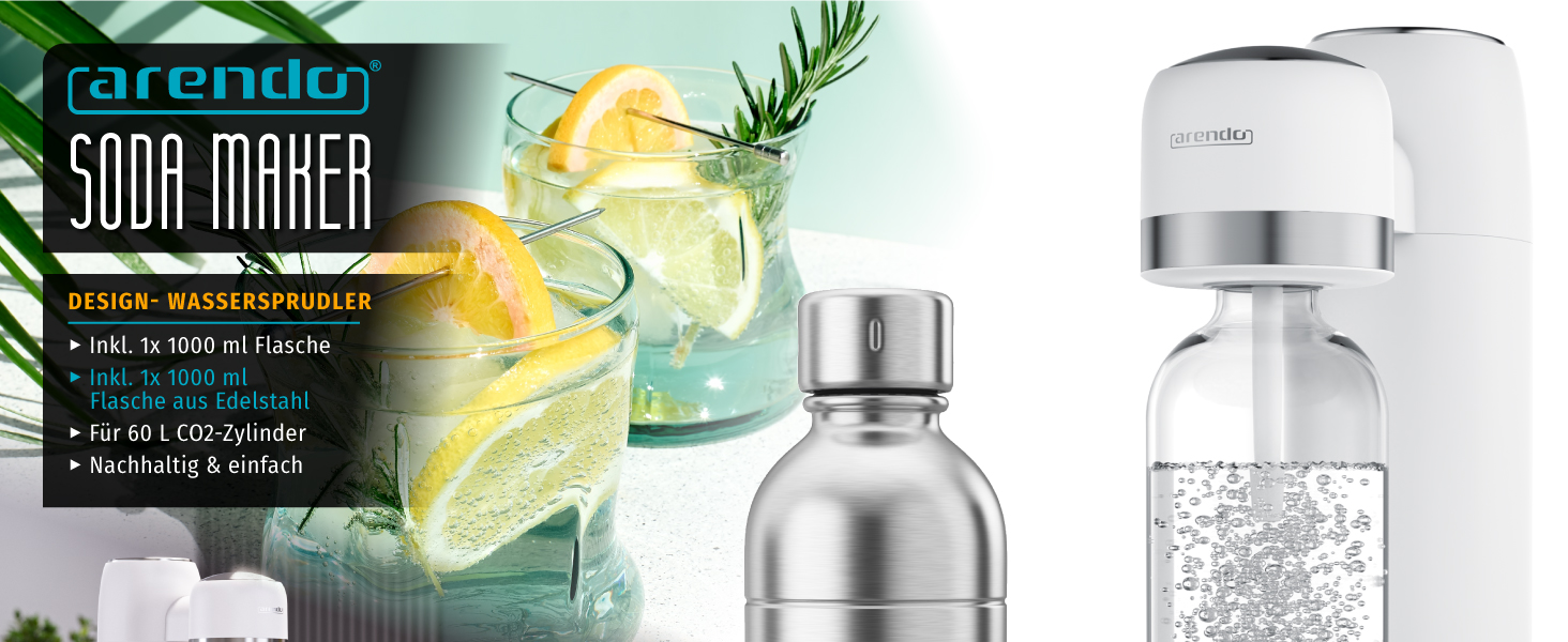 Сифон для газування води Arendo Soda Maker, набір з двома пляшками (1л пластикова BPA-free та 1л зі сталі), сумісний з циліндрами CO2 60л, білий