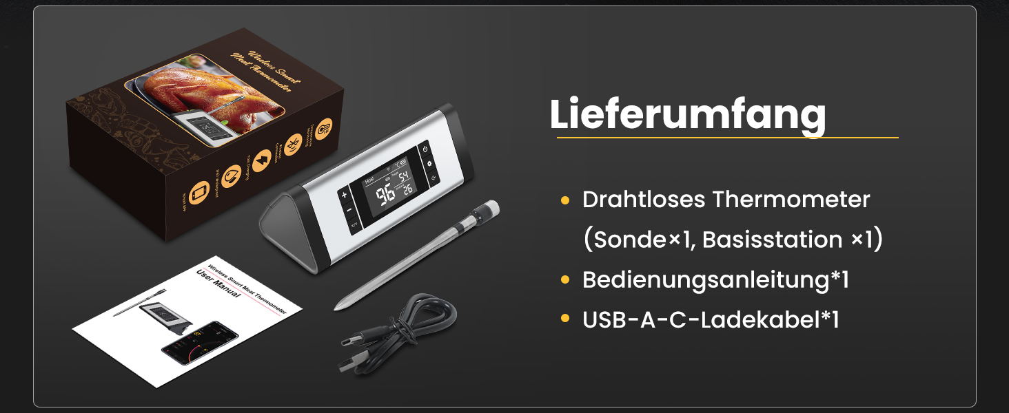 Бездротовий термометр для м'яса з Bluetooth, дальність до 240м, керування через додаток, до 24 години роботи, IP67, стійкий до миття в посудомийній машині та олії - для гриля, коптильні, ротатерія, духовки, фритюрниці
