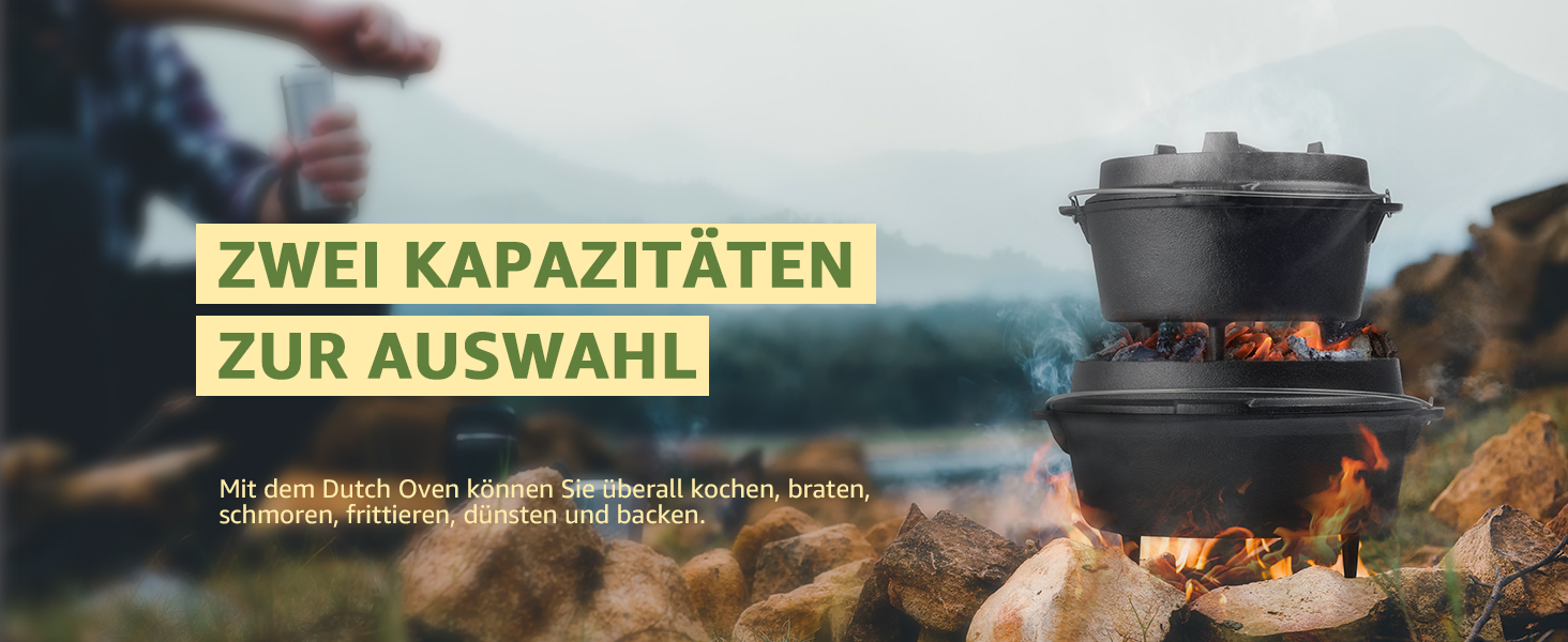 Чавунний казан OVERMONT Dutch Oven (розмір L) для багаття та кемпінгу, з двосторонньою кришкою, ніжками та піднімачем