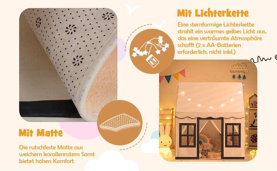 Дитячий намет DREAMADE з гірляндою та килимком, намет Тіпі, дитячий будиночок з вікнами, намет для хлопчиків та дівчаток, для дому та вулиці (Бежевий + Чорний)