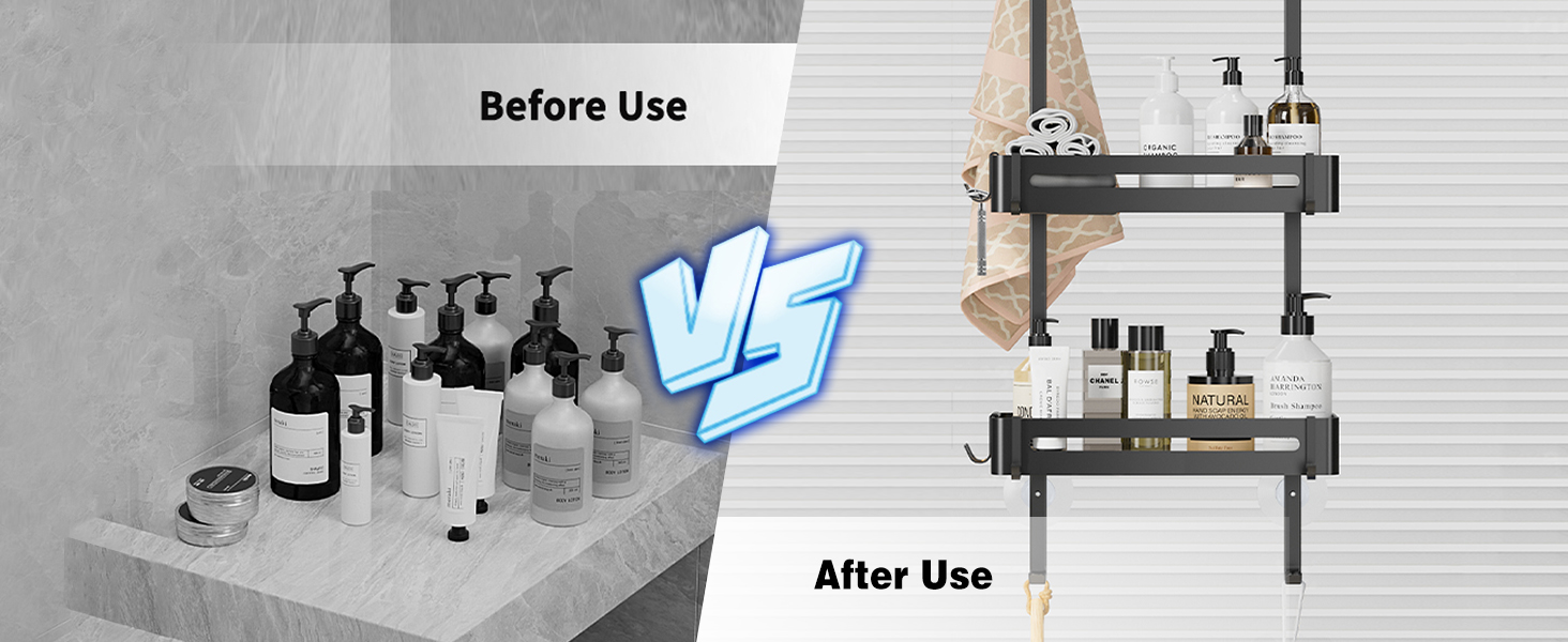 Настінна поличка для душу без свердління, чорна, для скляних душових кабін, регульована висота, 3 гачки для шампуню та гелю для душу