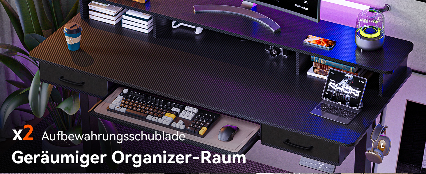 Регульований за висотою стіл Höfer з підставкою для клавіатури, 160x60 см. Стіл для комп'ютера з 2 шухлядами, підставка для монітора для дому/офісу, чорний 160 x 60 см