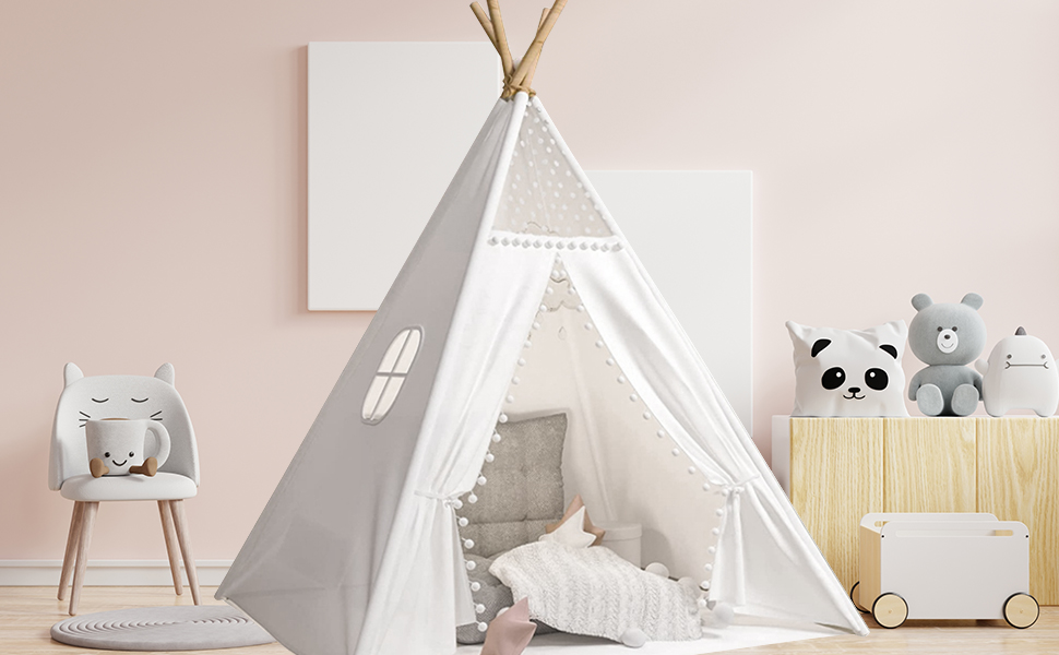 Дитячий намет-типі Kindertipi Dacron 120x120x160 см з вікном, для дому, білий. Стабільний намет-типі для дітей з 4 дерев'яними опорами