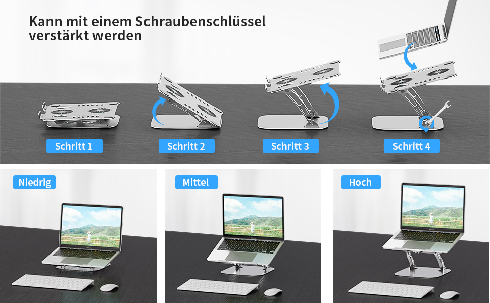 Підставка для ноутбука з RGB вентилятором, регульована висота, алюмінієвий сплав, 10-17'', сіра