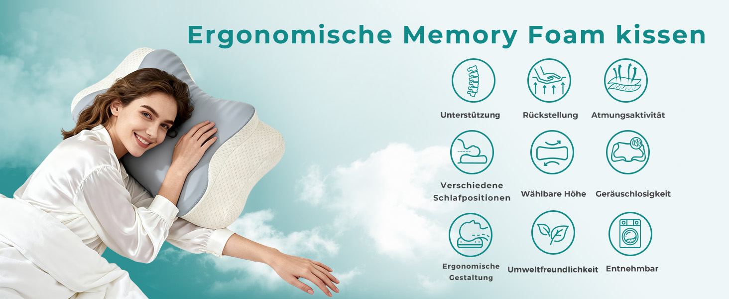Ергономічна ортопедична подушка для шиї з ефектом пам'яті (Memory Foam) для всіх типів сну: на боці, спині та животі, синя