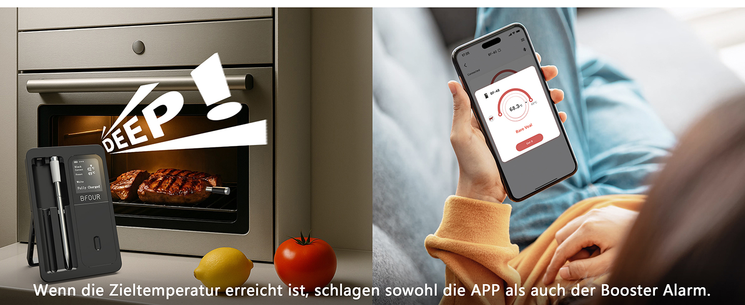 Бездротовий термометр для м'яса BFOUR з 2 зондами, Bluetooth, LCD-дисплей, керування через APP, цифровий термометр для приготування на грилі, в духовці, мангалі, BF-40 PRO, чорний