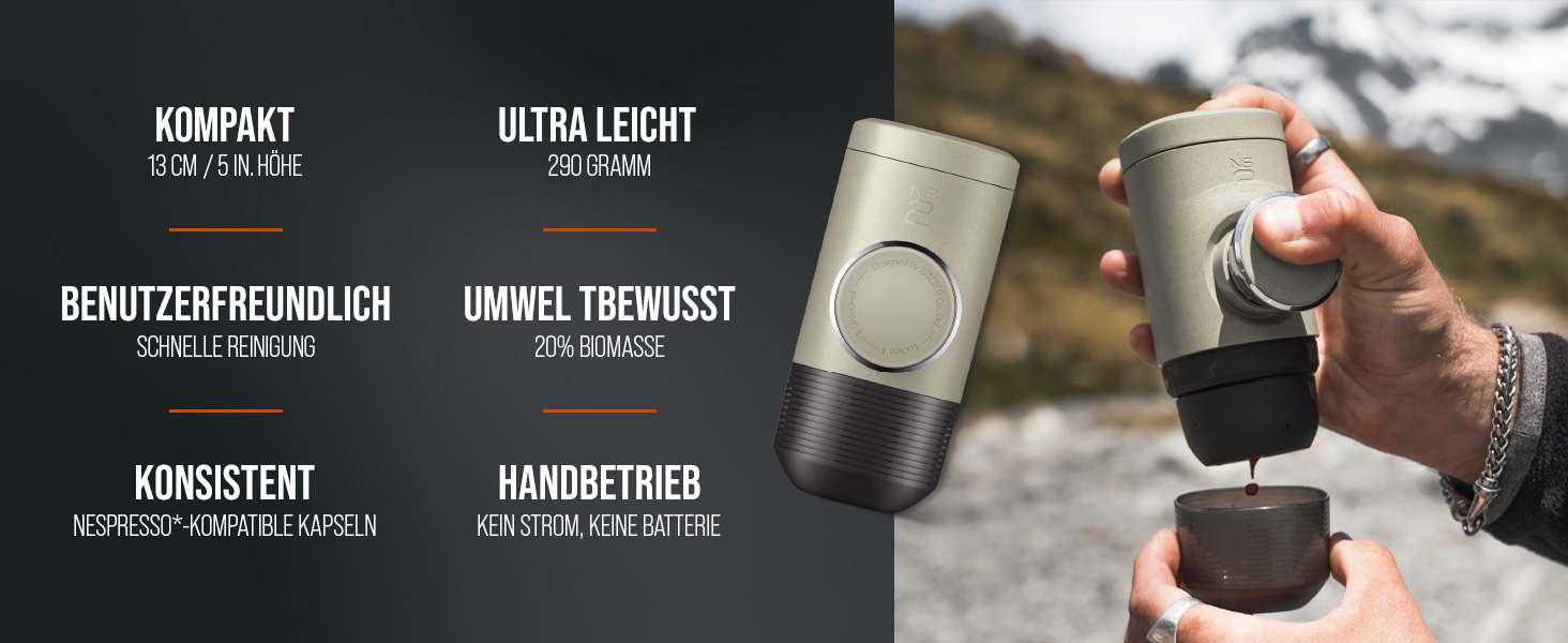 WACACO Minipresso NS2 - портативна кавомашина для Nespresso капсул, ручна, бежевий колір