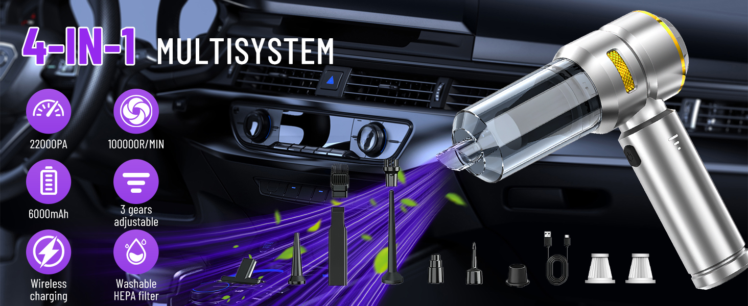 Акумуляторний ручний пилосос 4 в 1 для авто та дому, бездротовий міні-пилосос 22000Па з безщіточковим двигуном, 6000 mAh, електричний обдуватель для прибирання шерсті та пилу (Сріблясто-золотий)