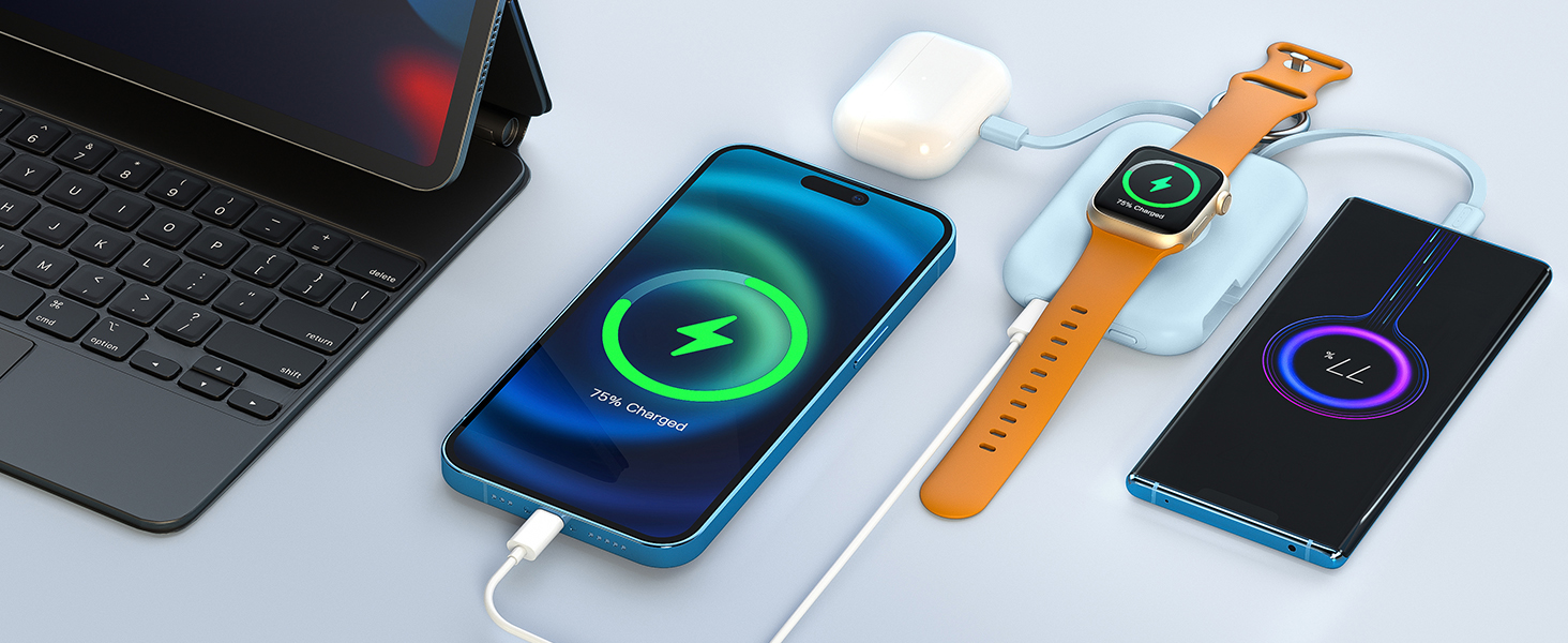 Вбудовані кабелі, брелок, сумісний з iPhone та Apple Watch, чорний, 5000mAh