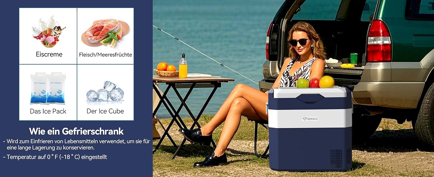 Автохолодильник BINGI 18л портативний 12/24V, 230V з функцією морозильника (-18°C до 15°C) для авто, кемпінгу, дому (синьо-білий)