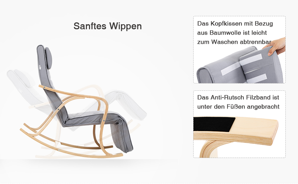 Крісло-гойдалка SONGMICS з берези, сіре, з регульованою підніжкою, бавовняний чохол, до 150 кг