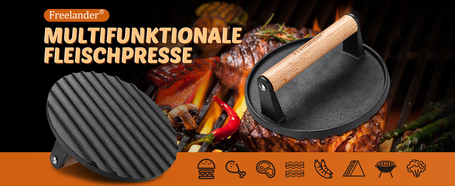 Пресс для бургерів Freelander з чавуну, набір для приготування смашених бургерів (діаметр 17.6 см, прямокутний 20.5 см), прес для гриля з термостійкою ручкою, великий прес для гамбургерів, стейків, сендвічів (чорний, круглий)