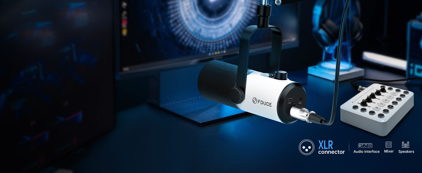 Ігровий мікрофон FDUCE з USB/XLR підключенням для стрімінгу, запису подкастів та ігор. RGB-підсвічування, регулювання чутливості, навушник, кріплення-павук (D20+)