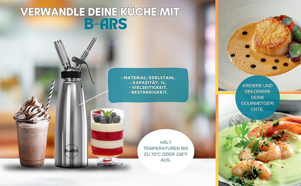 Дозатор для збитої вершкової пінки B-ARS з нержавіючої сталі 1л з аксесуарами: насадки для декорування, голка для інжекцій, щітка для чищення, сумка для зберігання та електронна книга з рецептами