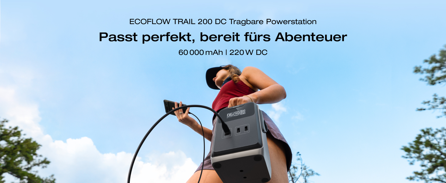 Портативна електростанція EcoFlow TRAIL 200 DC: 288 Wh, 300 Вт, LFP-акумулятор, сонячна панель, 5 виходів, захист від падінь, для кемпінгу та подорожей
