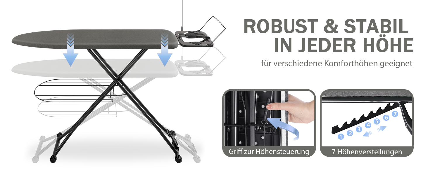Прасувальна дошка KINGRACK, регульована по висоті в 7 напрямках, термостійка, протиковзка ніжка, з гачком для зберігання