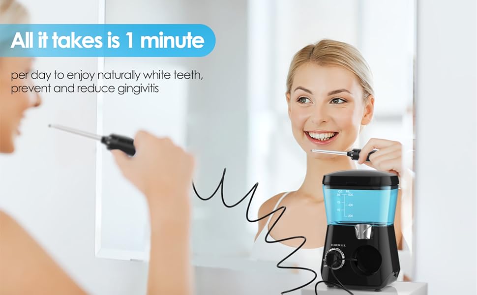 Електричний іригатор TUREWELL для ротової порожнини з 10 рівнями тиску та 8 насадками, IPX7, 600 мл, чорний