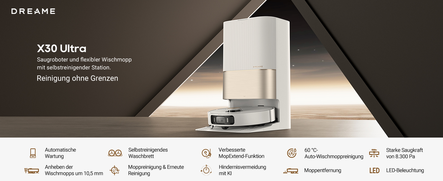 Dreame X30 Ultra: робот-пилосос та миючий робот з автоматичною очисткою, знімний миючий моп, інтелектуальна очистка килимів, потужність всмоктування 8300 Pa, білий