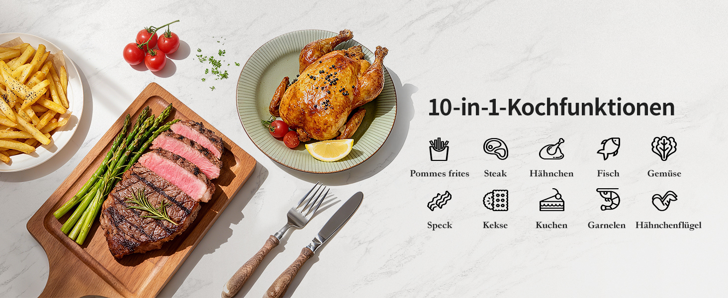 Фритюрниця без олії з підсвічуванням та нагадуванням про струшування, антипригарне покриття, 30-200°C, 78 рецептів, 8-в-1, тиха фритюрниця (11 л)