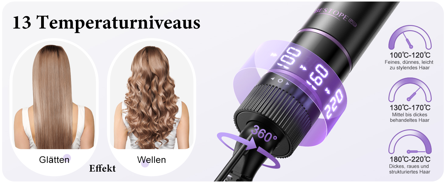 BESTOPE PRO Локкенстаб: Набір випрямляча та плойки 5-в-1 з термощіткою, 3 плойки (9-25 мм) для великих локонів, 13 температур, захисне покриття, рукавичка, затискач (базальтовий чорний)