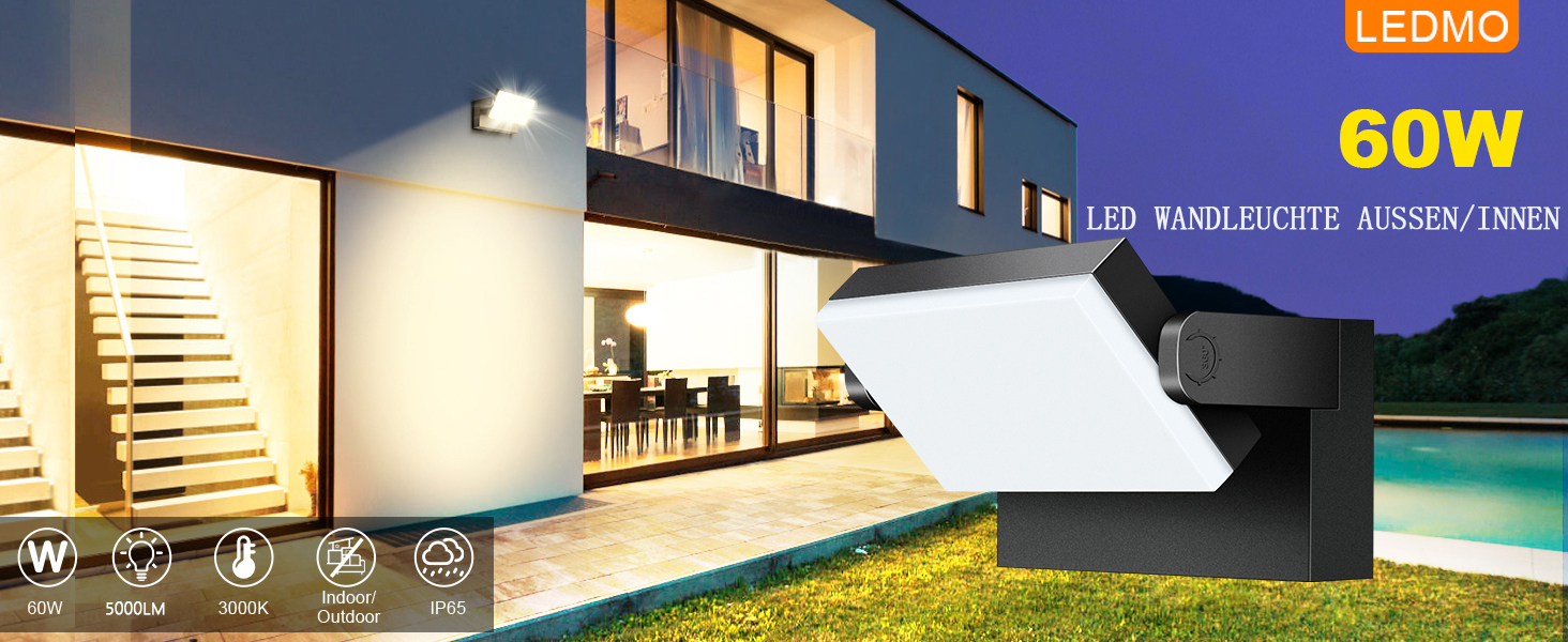 Стіна LED-ліхтар ledmo 60W чорний, 3000K, 5000LM, поворотна панель 360°, водонепроникна IP65 для вулиці та приміщень