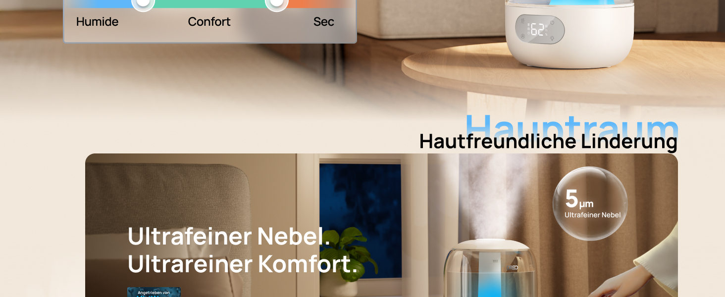 Зволожувач повітря Dreo для спальні: ультразвуковий, холодний туман, 3L, датчик вологості, нічник, для дітей, кімнатних рослин та дому (білий)