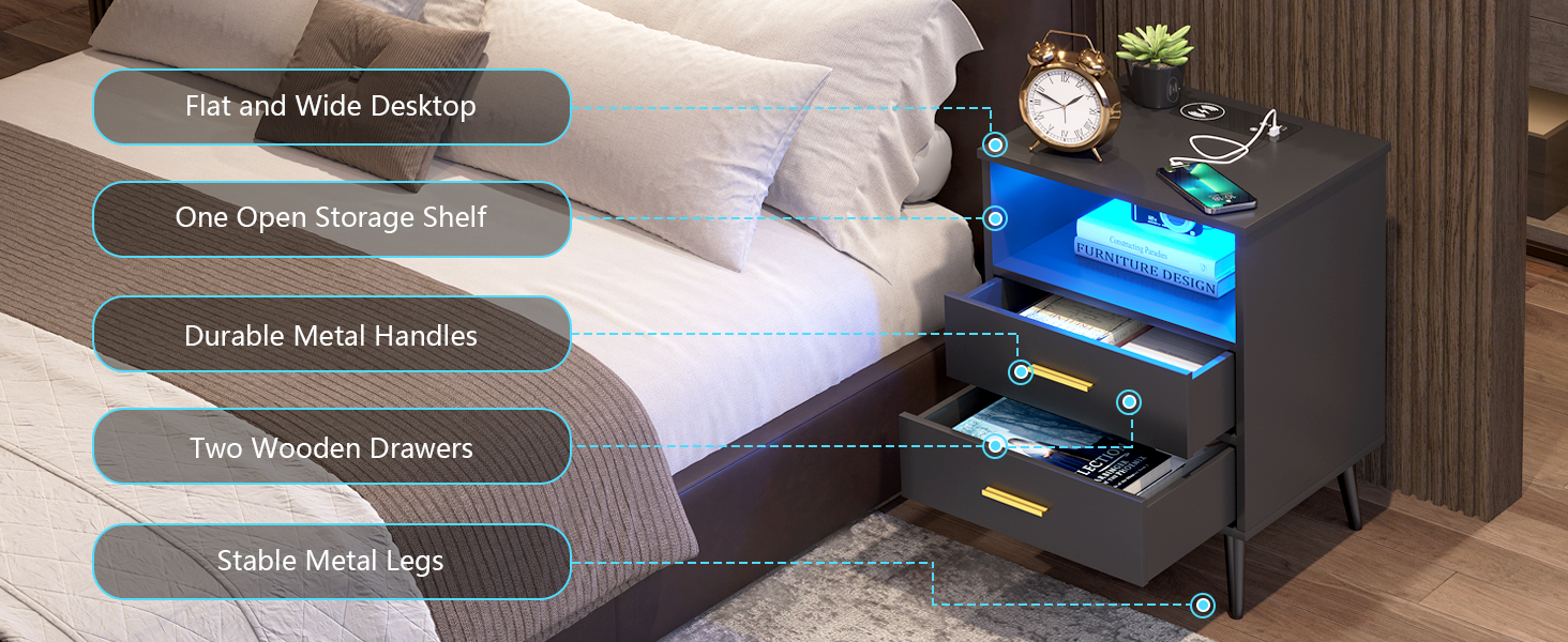 Приліжкова тумбочка LVSOMT LED з USB/Type-C, 2 шухляди, дерево, чорна, для спальні/вітальні