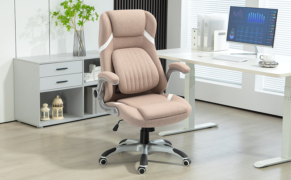 Крісло офісне Vinsetto ергономічне з регульованими підлокітниками та підголівником, з підтримкою попереку, регульоване по висоті, з функцією гойдання та текстильною оббивкою, світло-коричневе