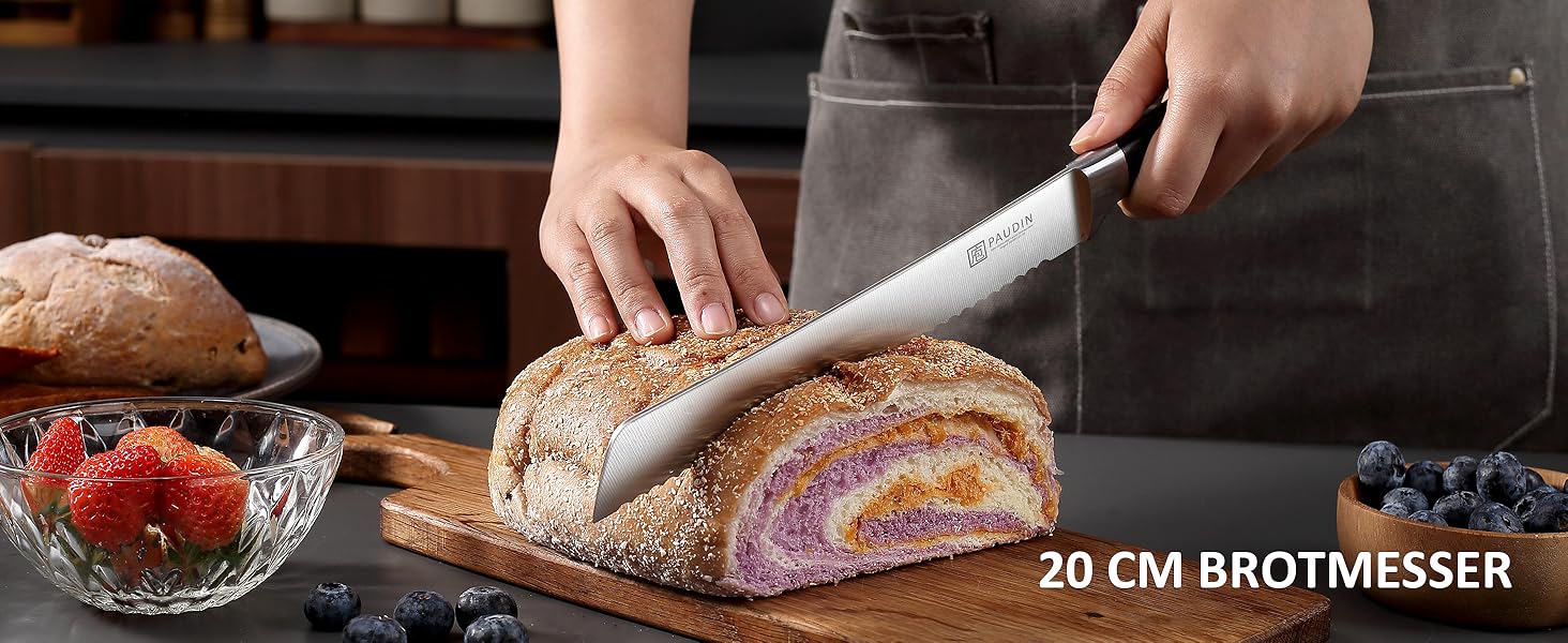 Набір ножів Paudin 7 предметів з дерев'яним блоком: кухонні ножі з нержавіючої сталі та ABS ручками