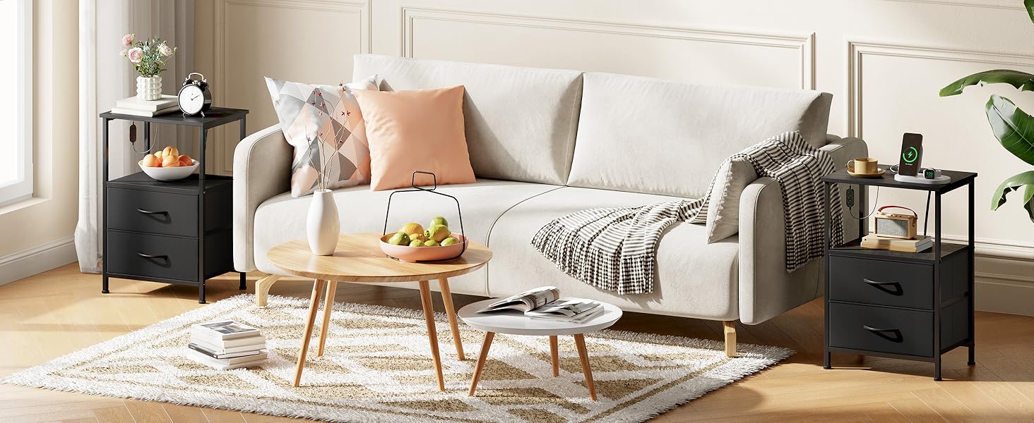 Нічний столик Somdot з підзарядкою, LED, розеткою (USB, Type-C) для спальні, вітальні, дитячої кімнати, чорного кольору, 30x40x60 см (2 висувні ящики)