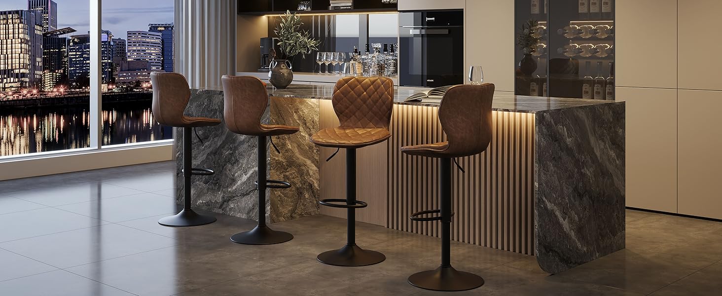 Набір барних стільців 4 шт. регульовані по висоті з підлокітником та підставкою для ніг – 360° обертання, PU шкіра, оббивка, металевий каркас для кухні, стійки, їдальні, вітальні, чорний