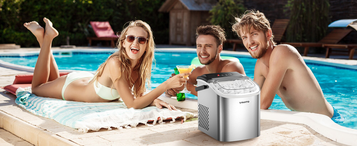 VINATO Льодогенератор портативний для дому та офісу, 12 кг/24 год, срібний. Швидке виробництво льоду (6-8 хв), з лопаткою та кошиком.